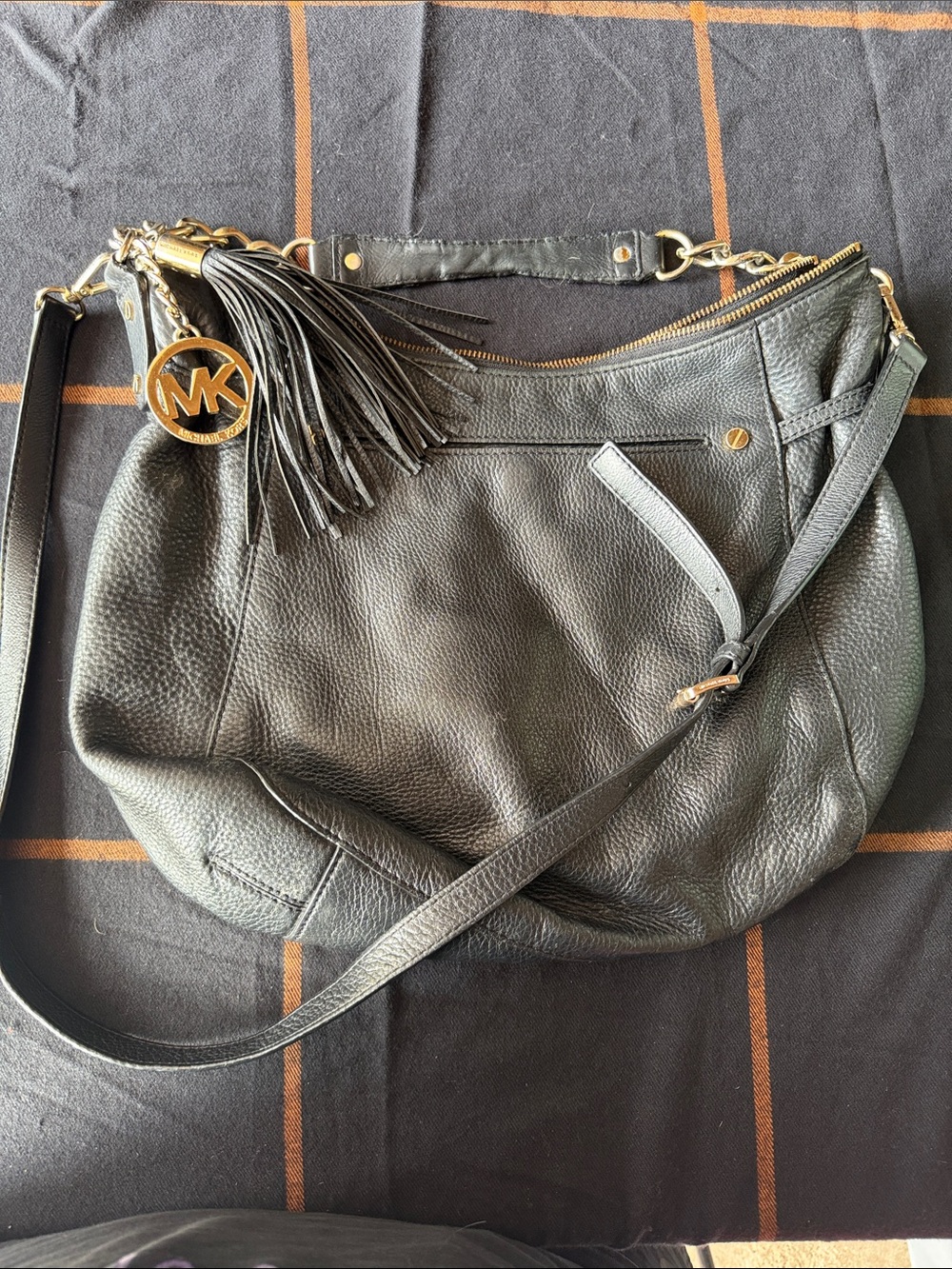 Michael Kors Black Pebbled Leather Shoulder Hobo with Gold Tone MK Charm